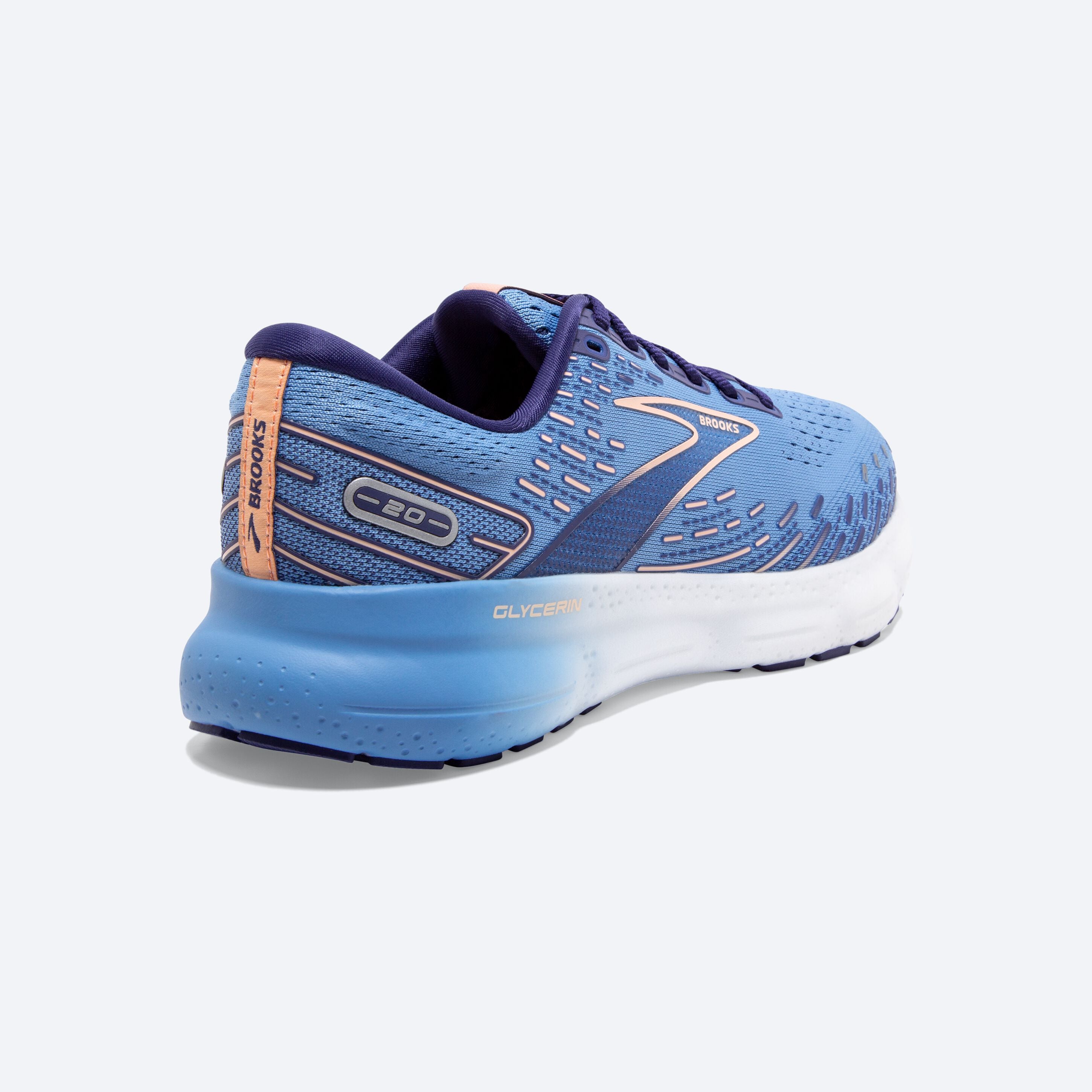 Back angle view of the Women's Glycerin 20 in Blissful Blue/Peach/White