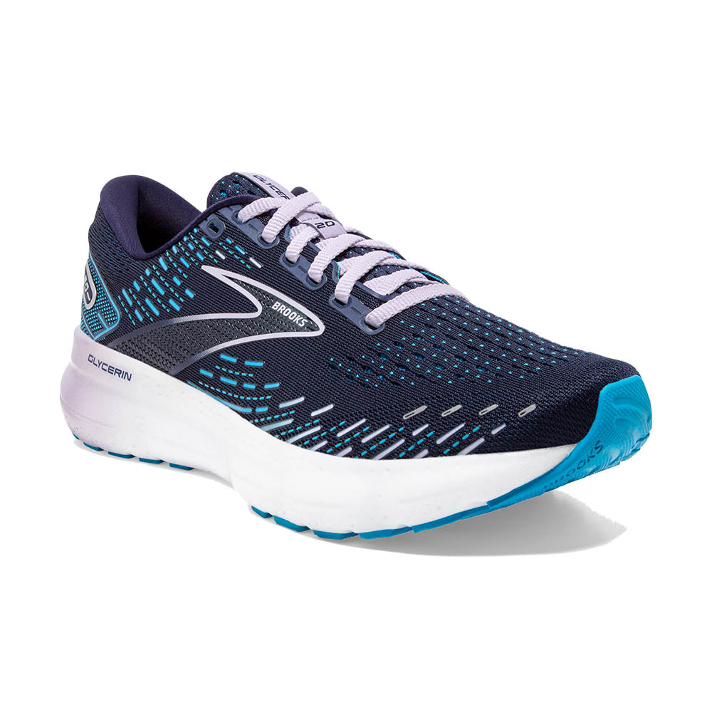 Front angled view of the Women's Glycerin 20 by BROOKS in the color Peacoat/Ocean/Pastel Lilac