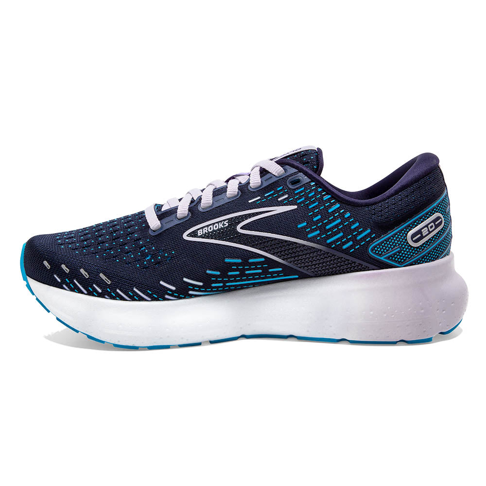 Medial view of the Women's Glycerin 20 by BROOKS in the color Peacoat/Ocean/Pastel Lilac