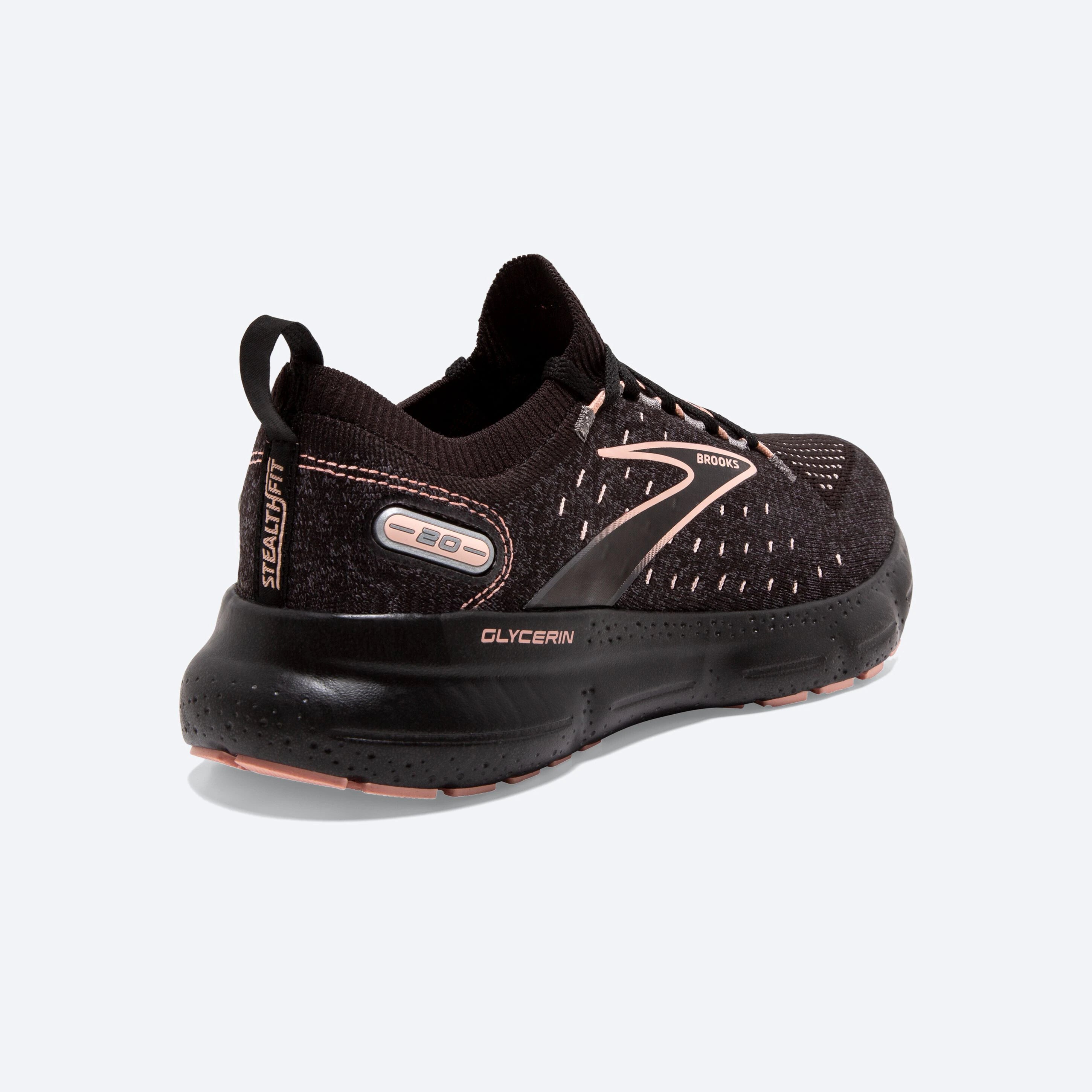 Back angle view of the Women's Glycerin Stealthfit 20 in Black/Blackened Pearl/Knockout Pink