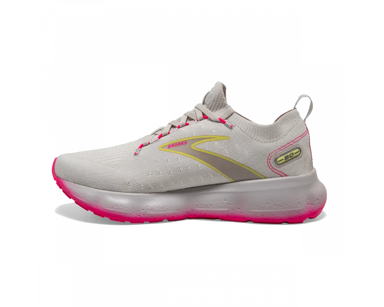 Medial view of the Women's Glycerin Stealthfit 20 in the color Grey/Yellow/Pink