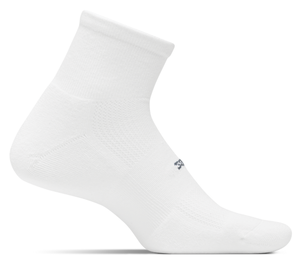 Medial view of the Feetures High Performance cushion Quarter height sock in the color white