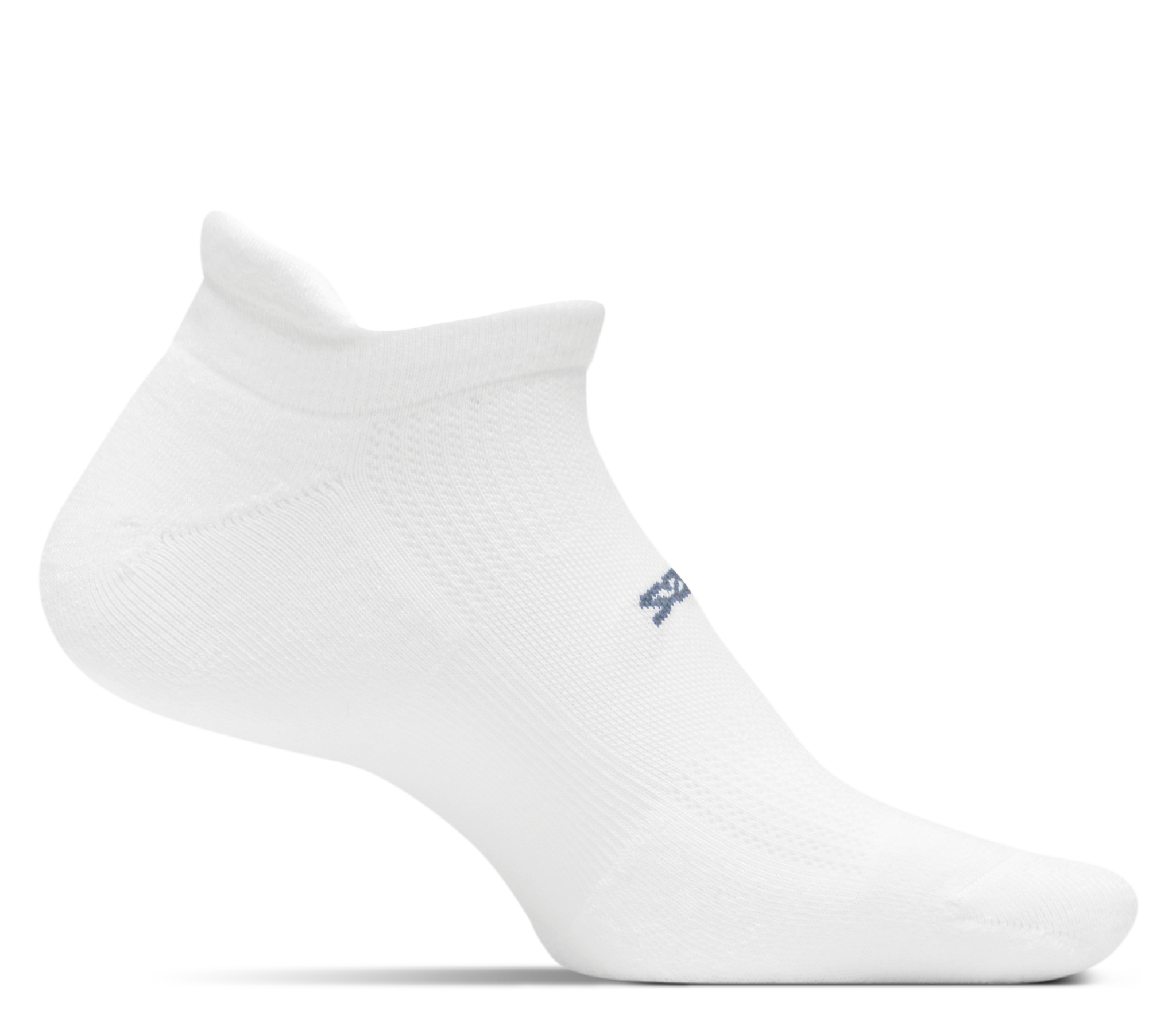 A medial view of the Feetures High Performance Ultra Light no show running sock in the color white