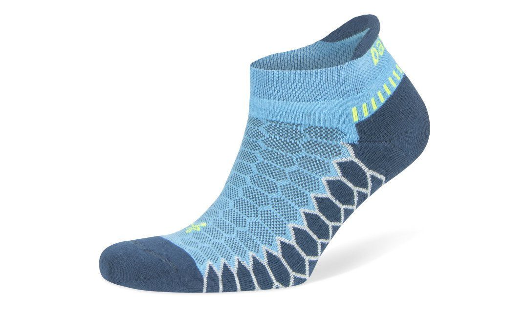 A lateral view of the Balega Silver no show running sock in the color legion blue etherial.