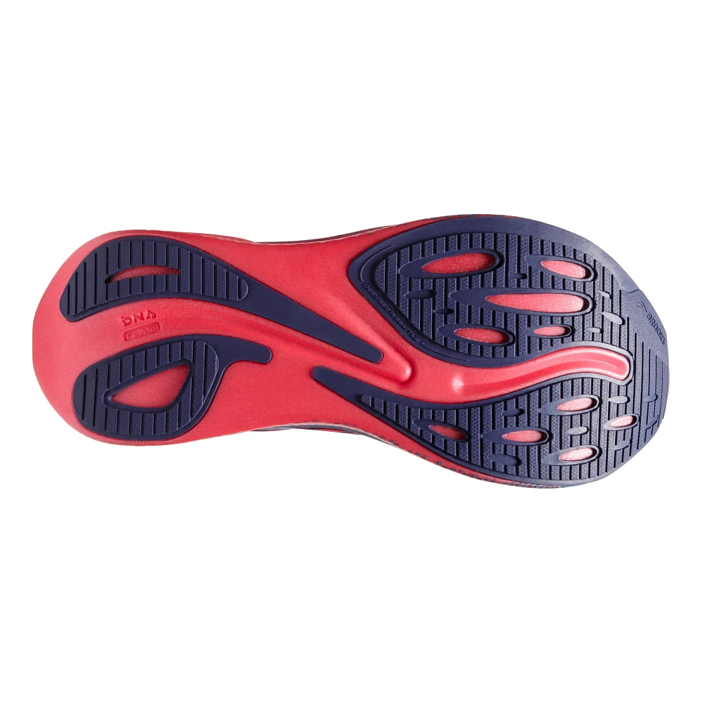 Bottom (outer sole) view of the Women's Hyperion Max by BROOKS in the color Pink/Cobalt/Blissful Blue