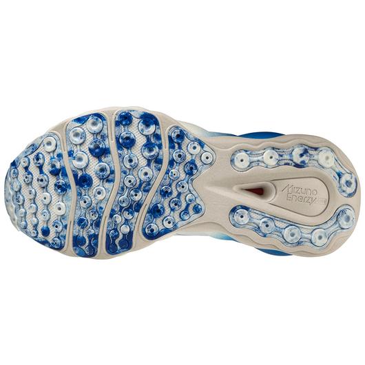 Bottom (outer sole) view of the Men's Wave Neo Ultra by Mizuno in White/Blue