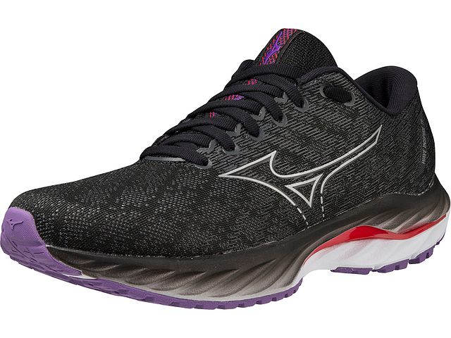 Front angle view of the Women's Mizuno Inspire 19 in Black/Silver