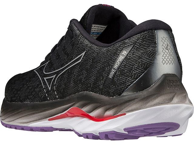 Back angled view of the Women's Mizuno Inspire 19 in Black/Silver