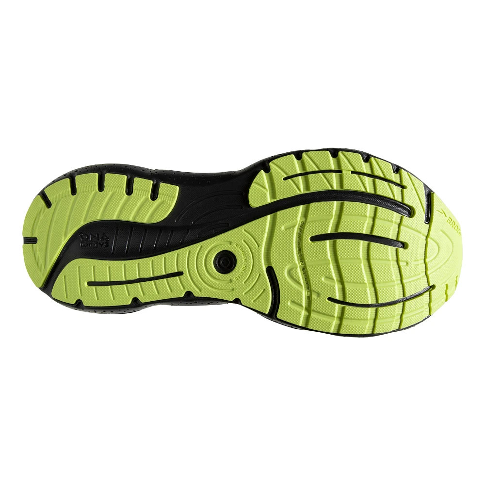 Bottom (outer sole) view of the Men's Glycerin Stealthfit GTS 20 in the color Blue/Ebony/Lime