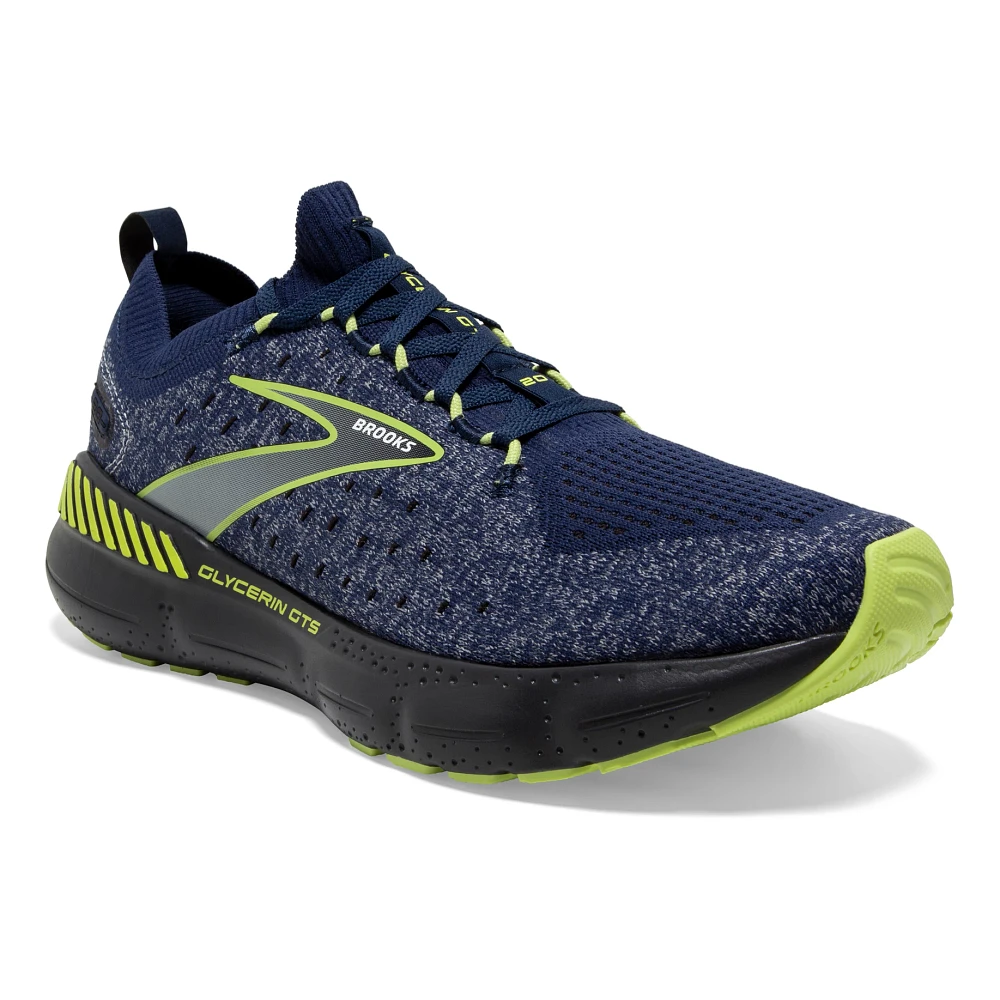 Front angled view of the Men's Glycerin Stealthfit GTS 20 in the color Blue/Ebony/Lime