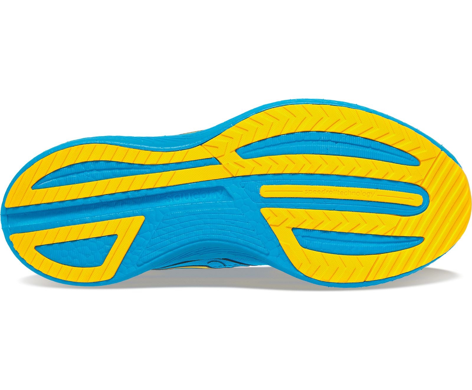 Bottom (outer sole) view of the Men's Endorphin Speed 3 by Saucony in the color Ocean/Vizigold