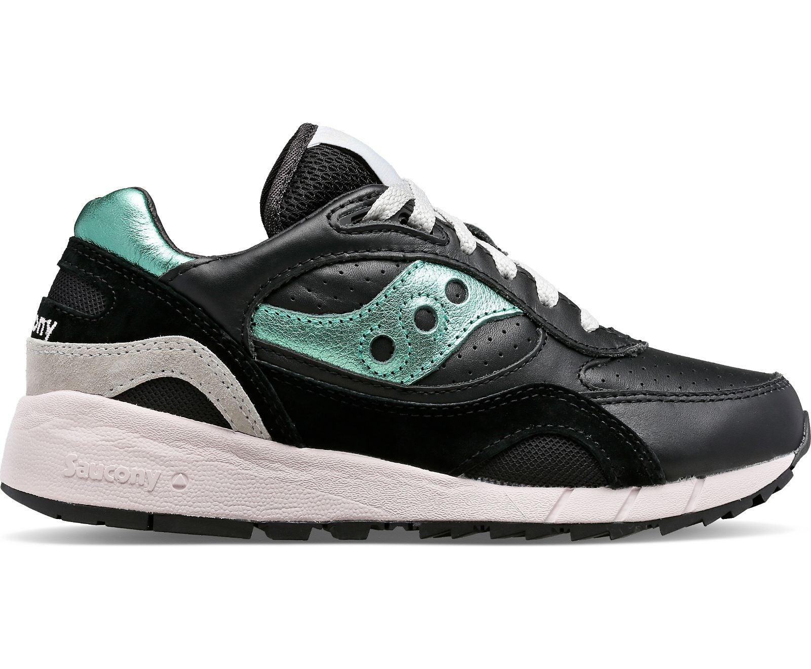 Lateral view of the Saucony Shadow 6000 leather lifestyle shoe in the color Black/Aquamarine