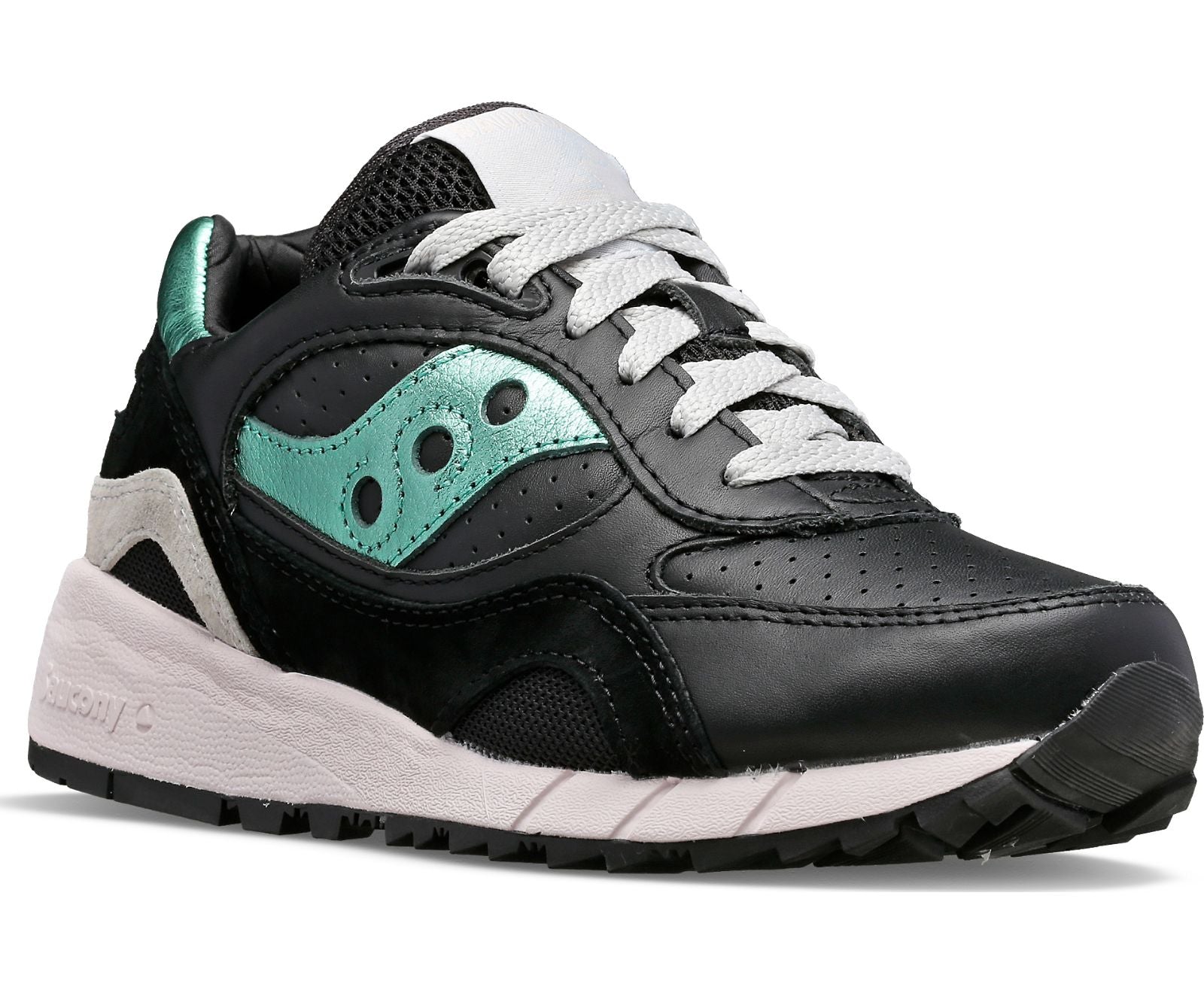 Front angle view of the Saucony Shadow 6000 leather lifestyle shoe in the color Black/Aquamarine