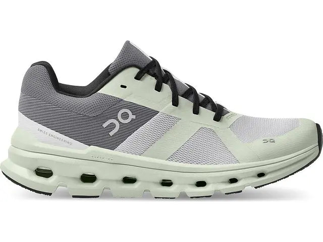 Lateral view of the Women's Cloudrunner by ON in the color Frost / Aloe