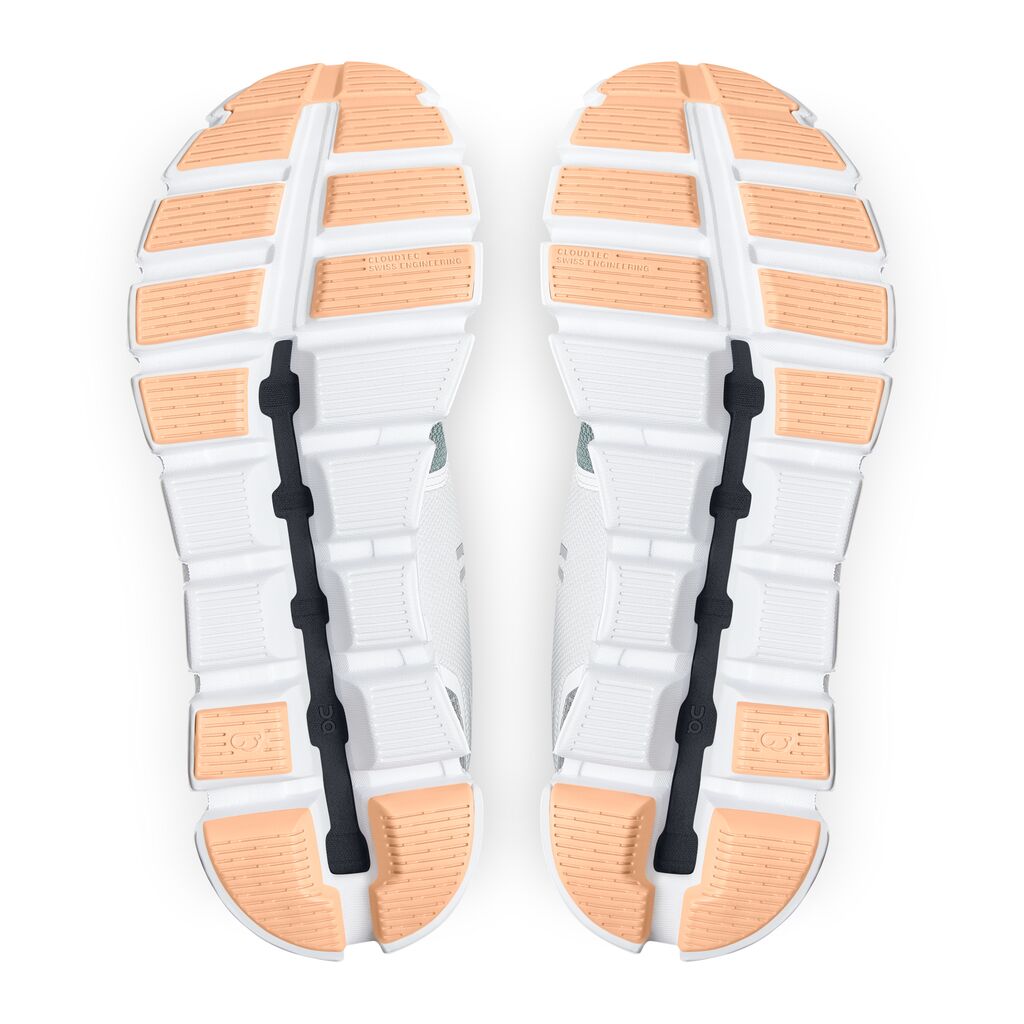 Bottom (outer sole) view of the Women's ON Cloud 5 Push in the color White/Cobble