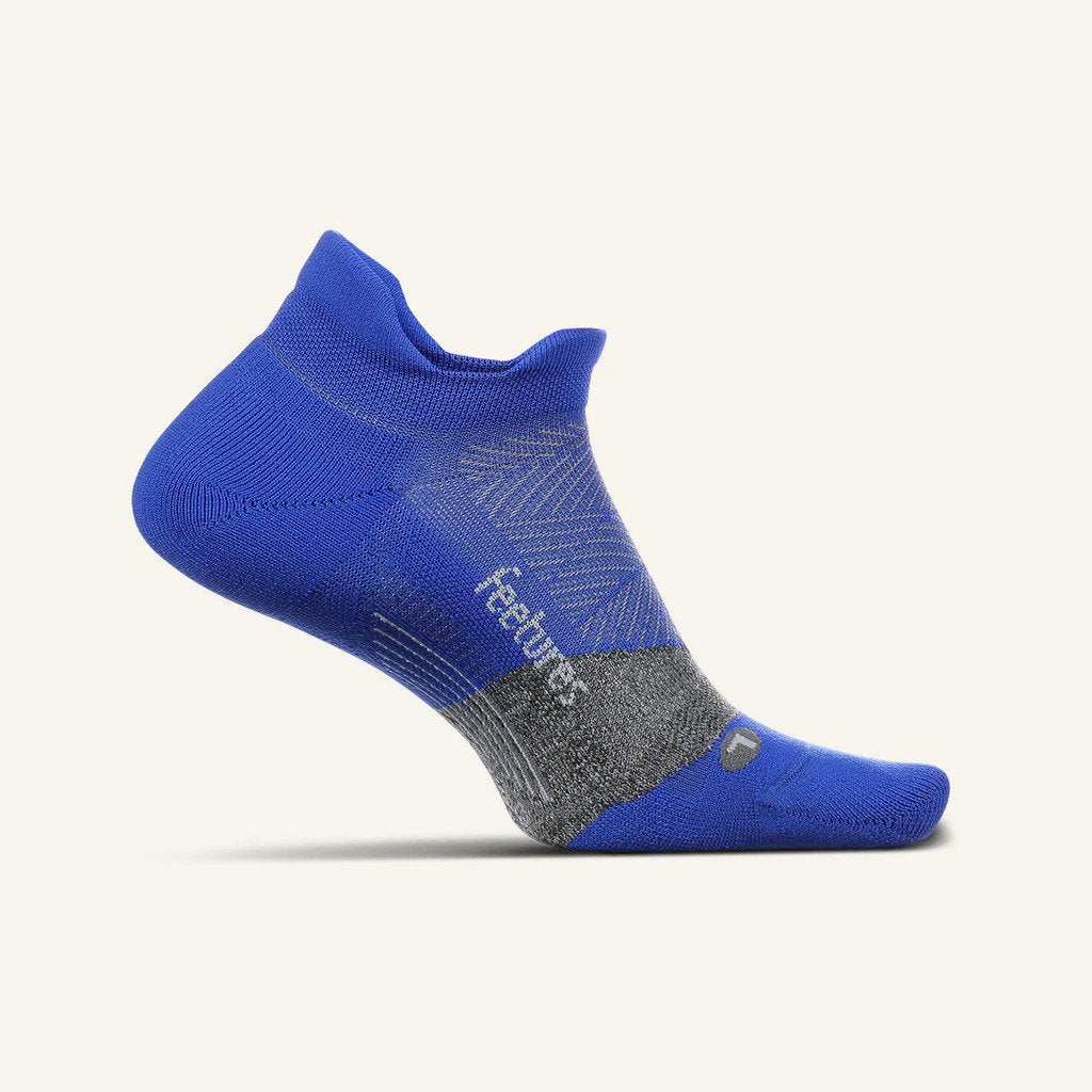 Medial view of the Feetures Elite Light Cushion no show tab sock in the color boost blue