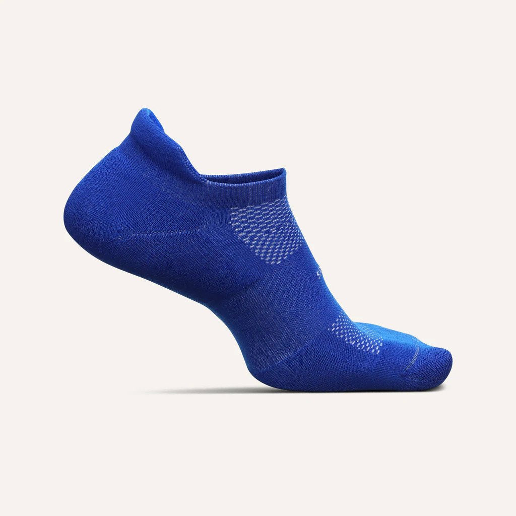 Medial view of the Feetures High Performance Light cushion no show tab sock in the color boost blue
