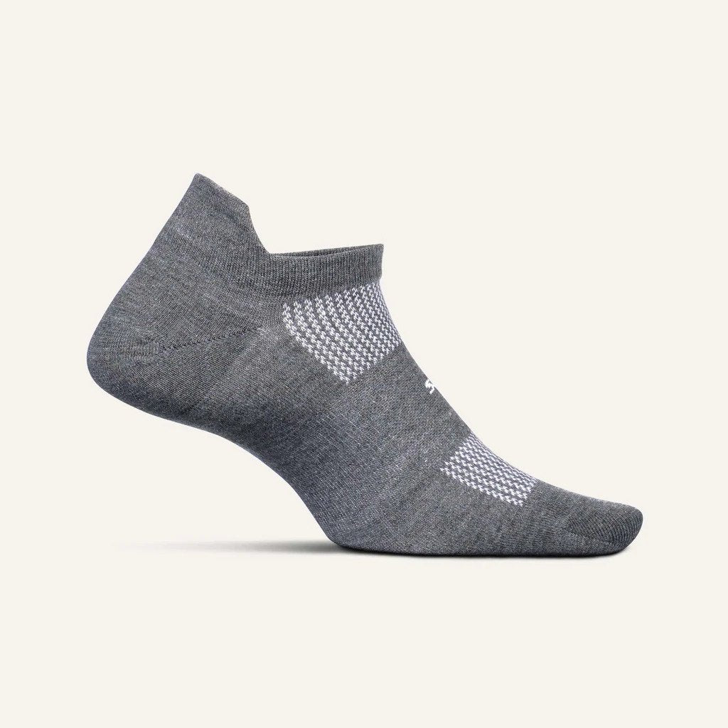 Medial view of the Feetures High Performance Ultra Light cushion no show tab sock in the color grey
