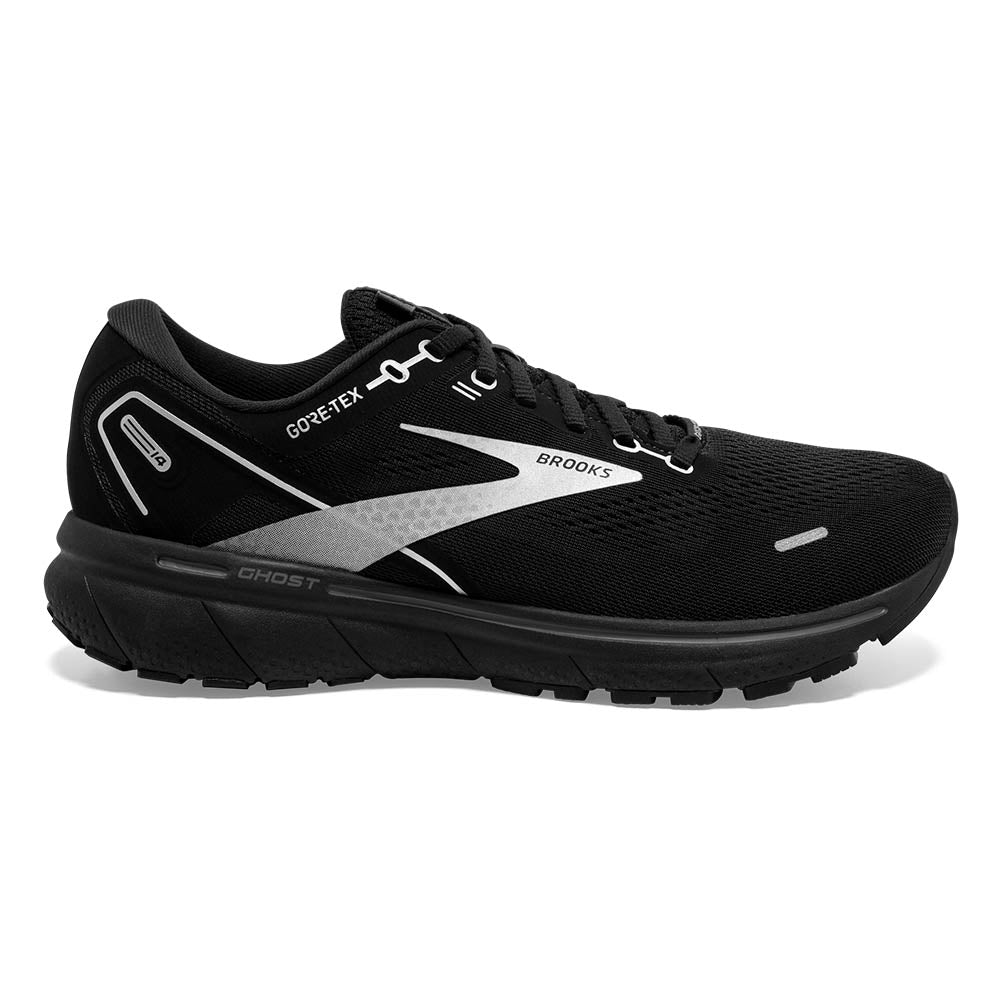 Lateral view of the Men's Ghost 14 GTX (Gore Tex) waterproof running shoe by Brooks in the color Black/Black/Ebony