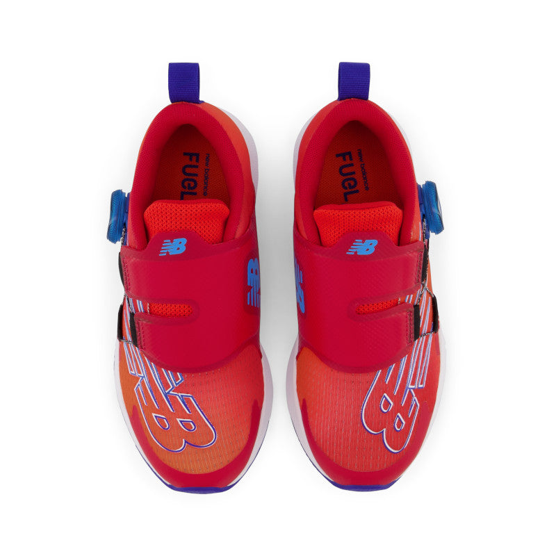 Top view of the Kids' New Balance FuelCore Reveal V3 Boa in the color Neo flame with team red and infinity blue