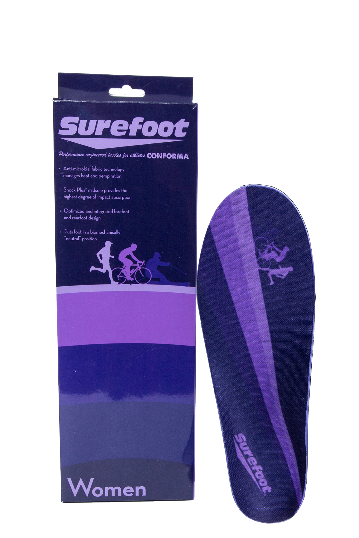 Image of the Women's Conforma Medio (medium arch for women) Insole by Surefoot and it's box in the color Purple