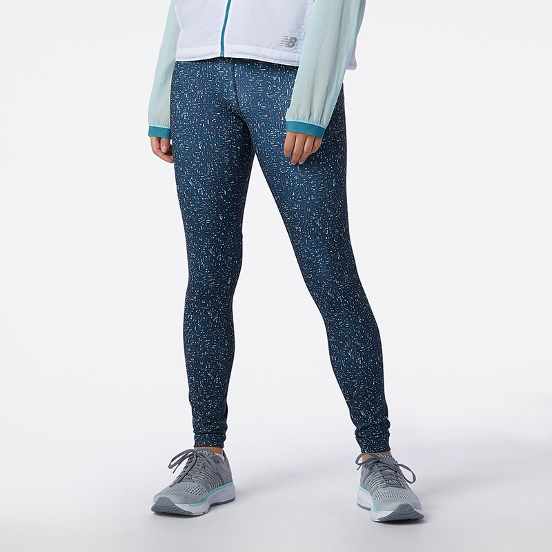 Front view of the Women's Printed Impact Run Tight in the color Mountain Teal