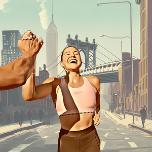 An artistic image of a female smiling and giving a high five to a hand in the foreground with the Manhattan Bridge and Empire state building in the background.  She is wearing a pink sports bra and brown bottoms.