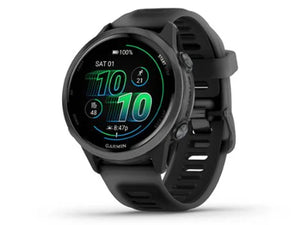 Black Garmin smartwatch with digital display on a white background