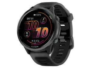 Black Garmin smartwatch with a colorful display on a white background