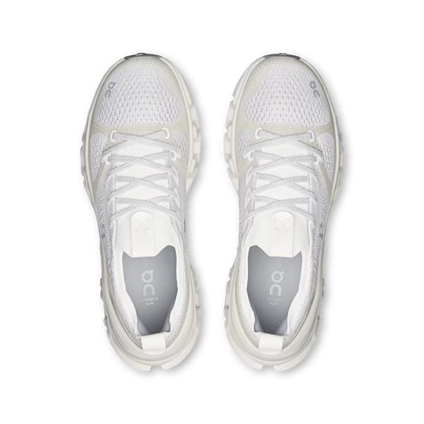 A pair of white On Cloudrunner running shoes shown from a top-down view against a clean white background.