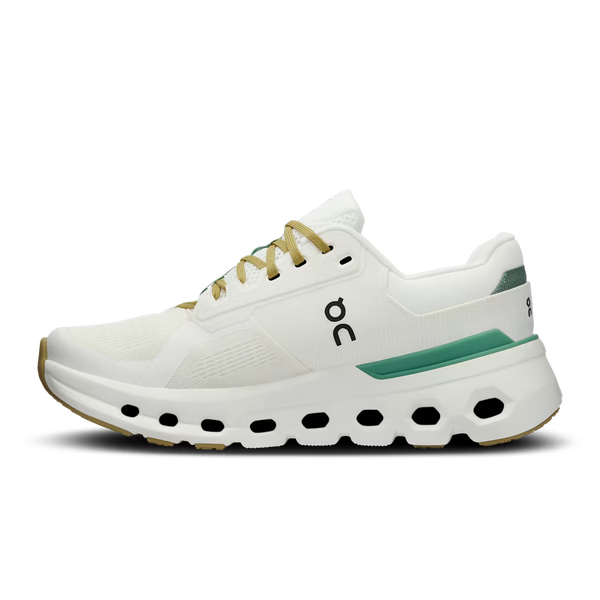 White running shoe with green accent on a transparent background
