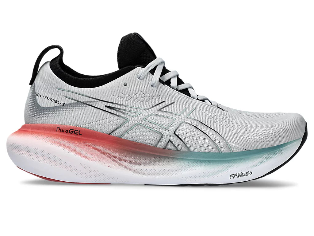 Lateral view of the Men's ASICS Gel Nimbus 25 in the color Piedmont Grey/Foggy Teal