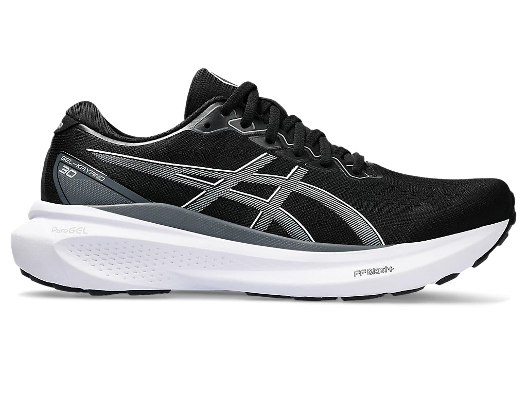Lateral view of the Men's ASICS Kayano 30 in the color Black/Sheet Rock