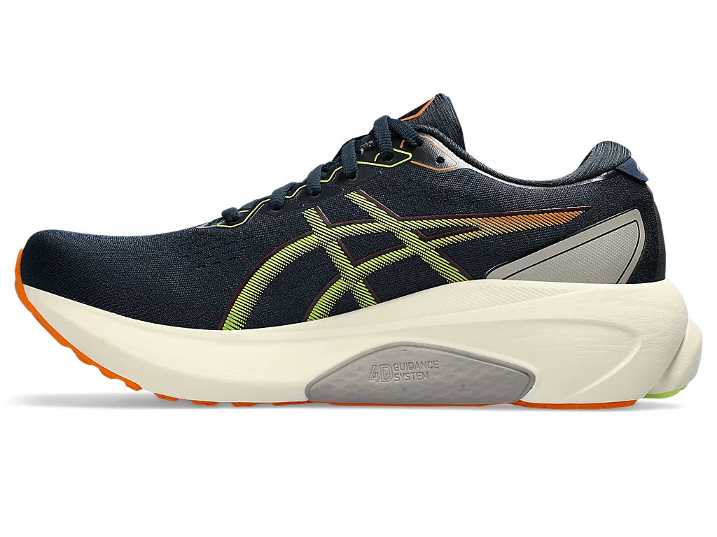 Medial view of the Men's ASICS Kayano 30 in the color French Blue/Neon Lime