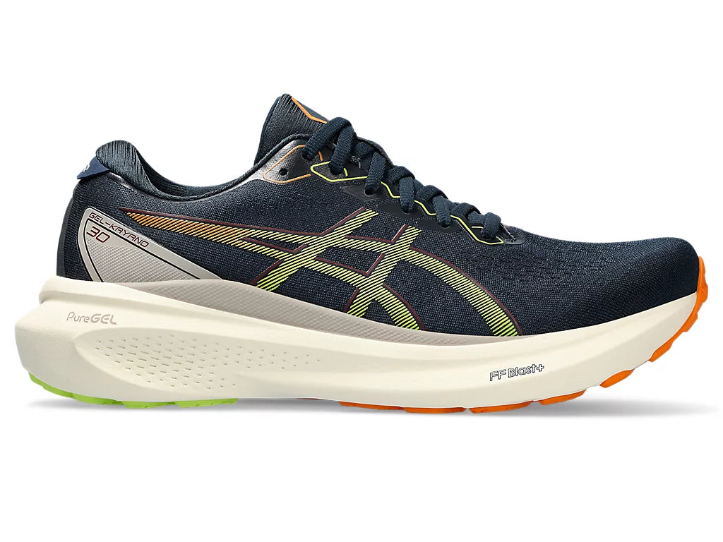 Lateral view of the Men's ASICS Kayano 30 in the color French Blue/Neon Lime