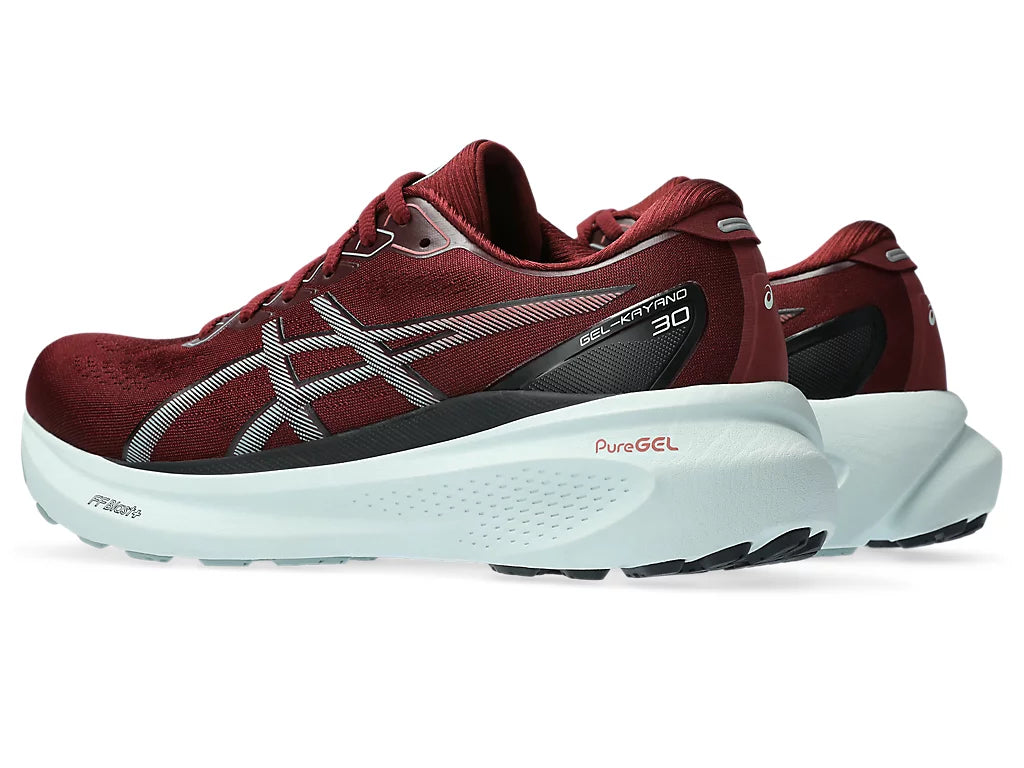 Back angled view of the Men's ASICS Kayano 30 in the color Antique Red/Ocean Haze