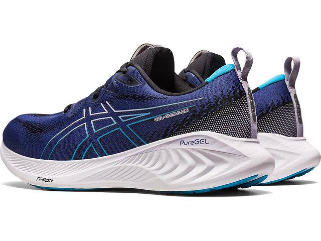 Back angled  view of the Men's Cumulus 25 by ASICS in the color Indigo Blue/Island Blue
