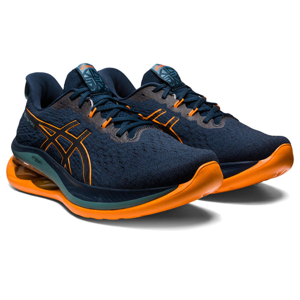 These ASICS kinsei Max have a very dark blue upper with lots of Orange pops of color