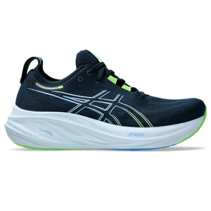 These Men's ASICS shoes are a dark blue kind of navy color in the upper.