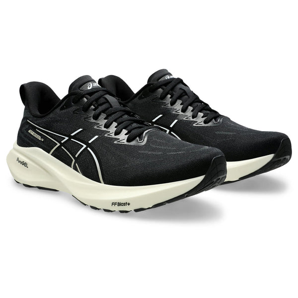 The laces of this black running and white running shoe are also black