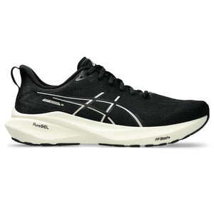 This mens ASICS running shoe is all black and white