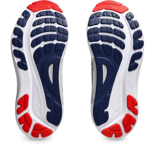 The outsole of thie men's kayano 31 has red pods in the highest wear areas and a blue  in others