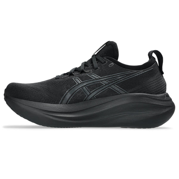 The medial side of the black/black Nimbus 27 running shoe.