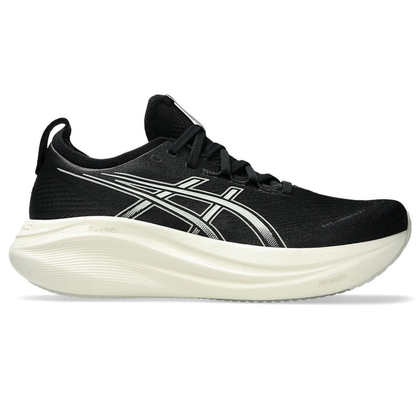 This nimbus 27 is a great, clean looking running shoe with a black upper and white midsole.