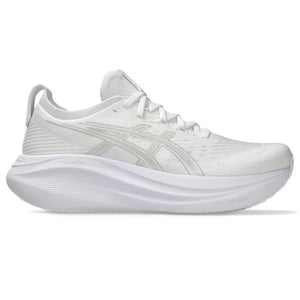 Men's Nimbus 27 white running shoe on a white background.