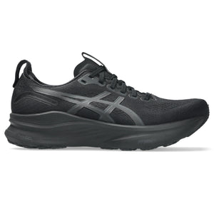 Black running shoe with gray accents on a white background