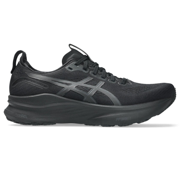 Black running shoe with gray accents on a white background
