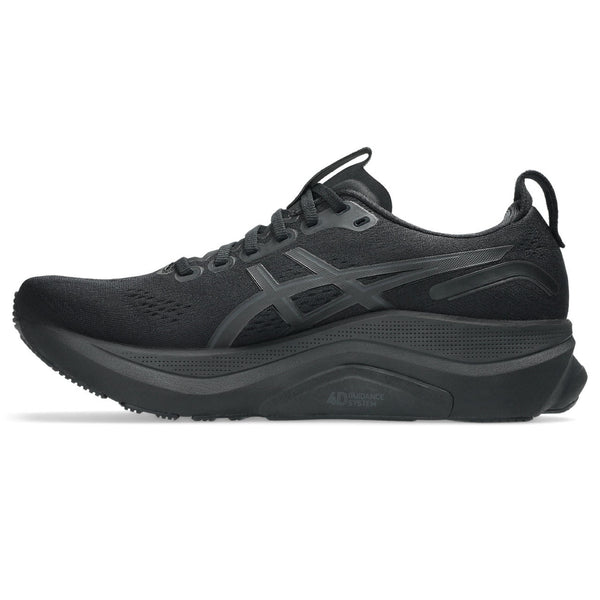 Medial side of an ASICS black running shoe on a white background.