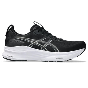 Black and white running shoe with visible branding on a white background.