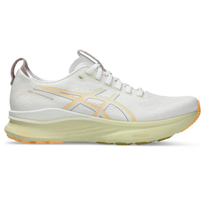 White ASICS running shoe with yellow accents and a mostly white upper.